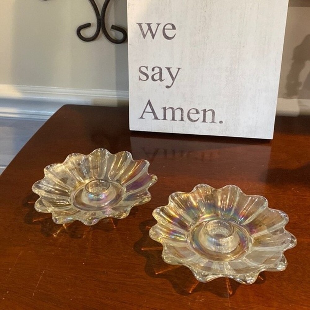 E239 Set/2 - 1950s Federal Glass Clear Rainbow Iridescent 5 1/4" Candle Holders